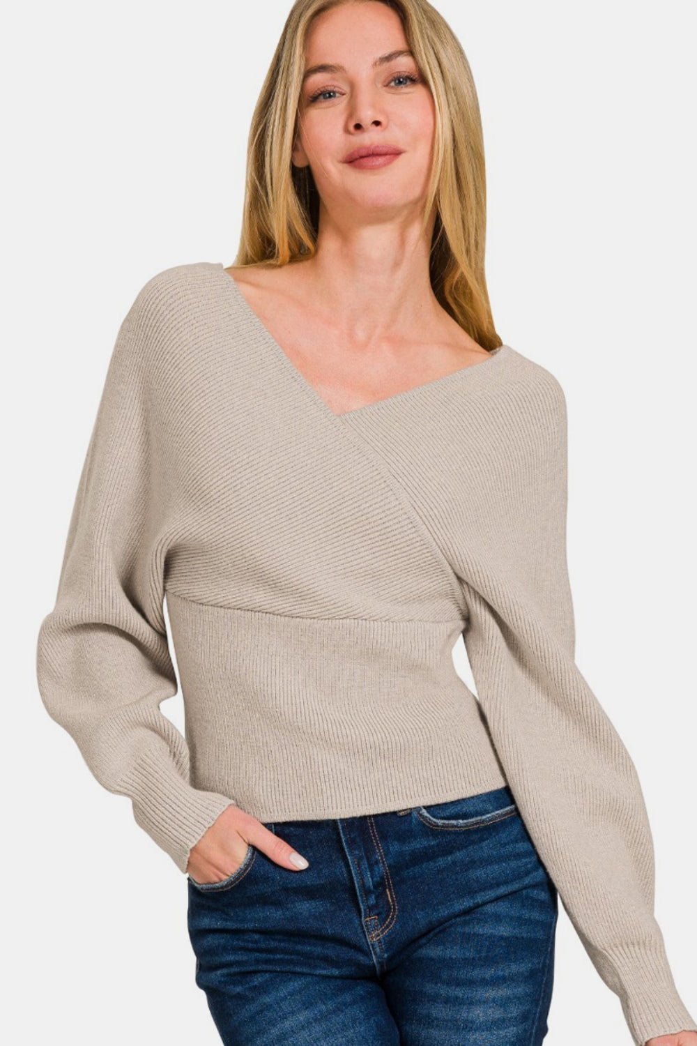 Zenana Cross Wrap Rib Long Sleeve Sweater - The Boutie Shop