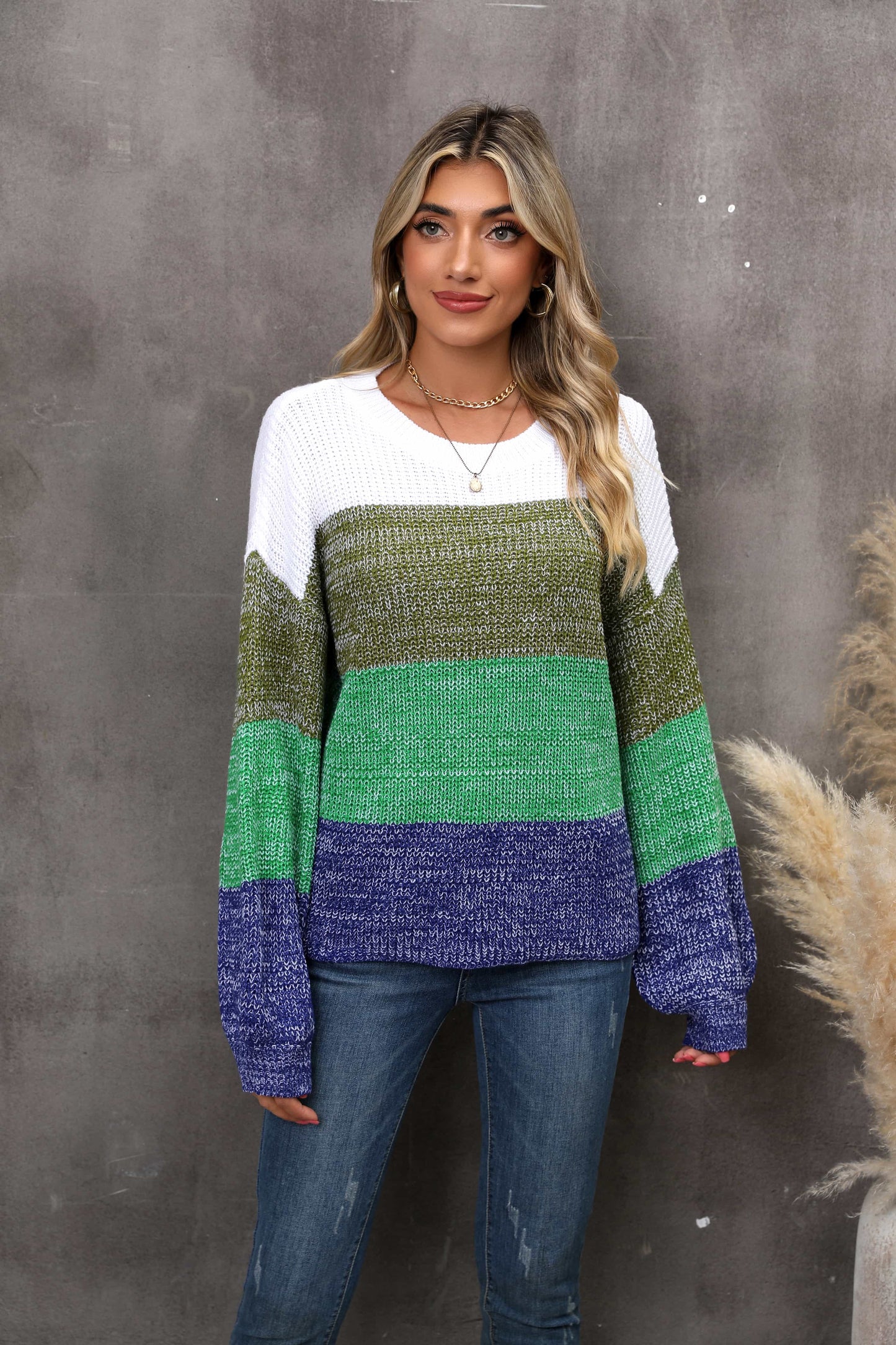 Angel Wings Color Block Round Neck Dropped Shoulder Sweater - The Boutie Shop