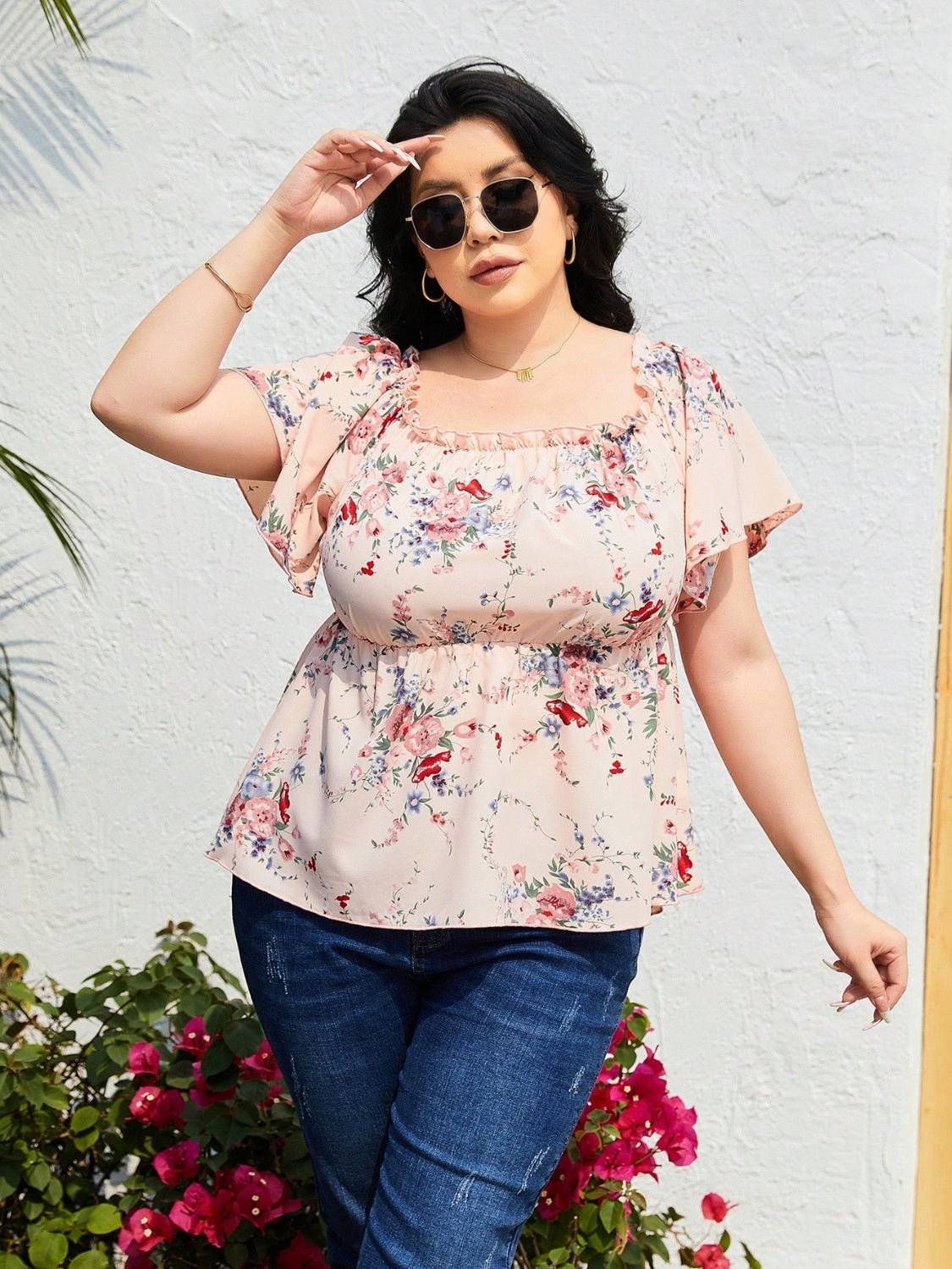 Plus Size Frill Printed Flutter Sleeve Blouse - The Boutie Shop