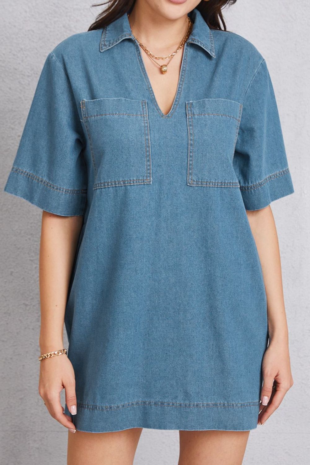 Pocketed Collared Neck Mini Denim Dress - The Boutie Shop