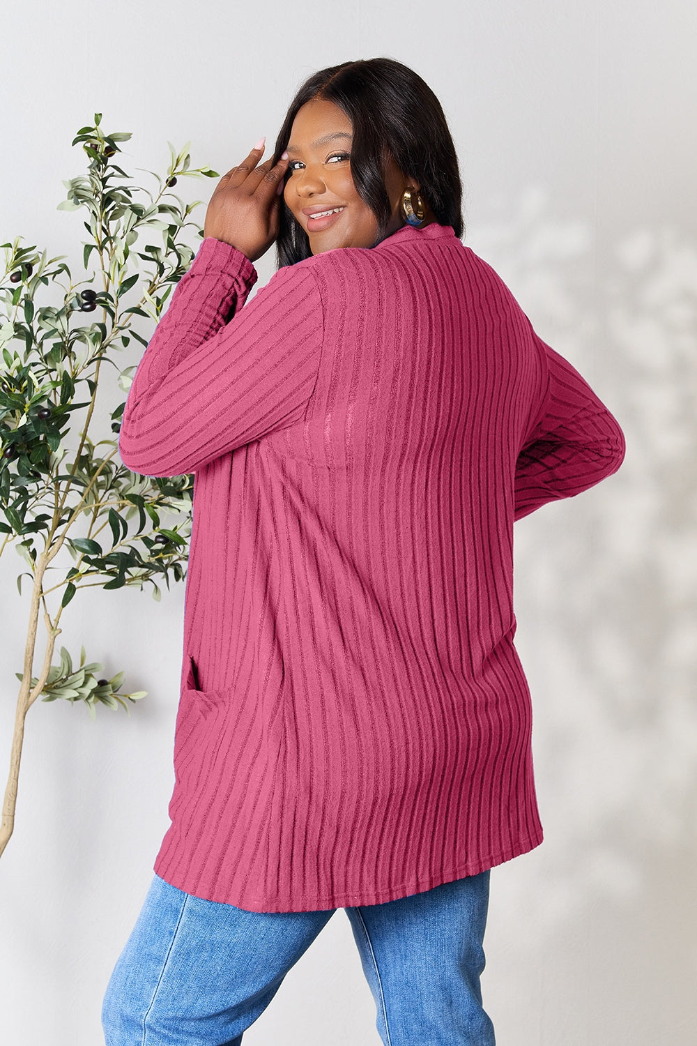 Basic Bae Full Size Ribbed Open Front Cardigan with Pockets - The Boutie Shop