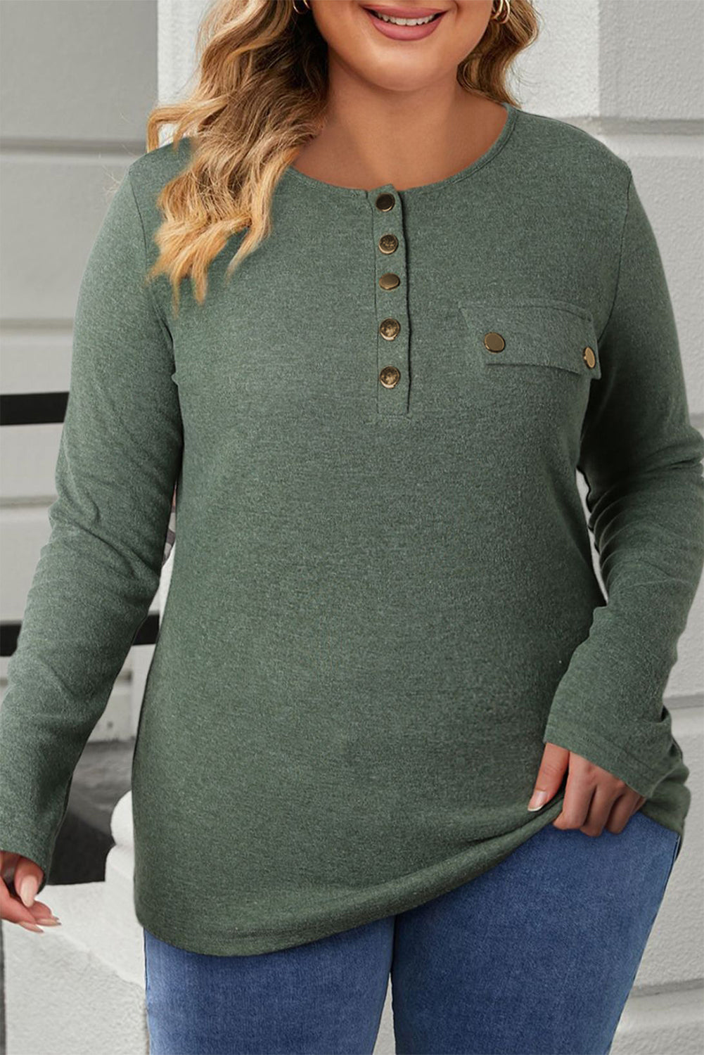 Plus Size Half Snap Long Sleeve T-Shirt - The Boutie Shop