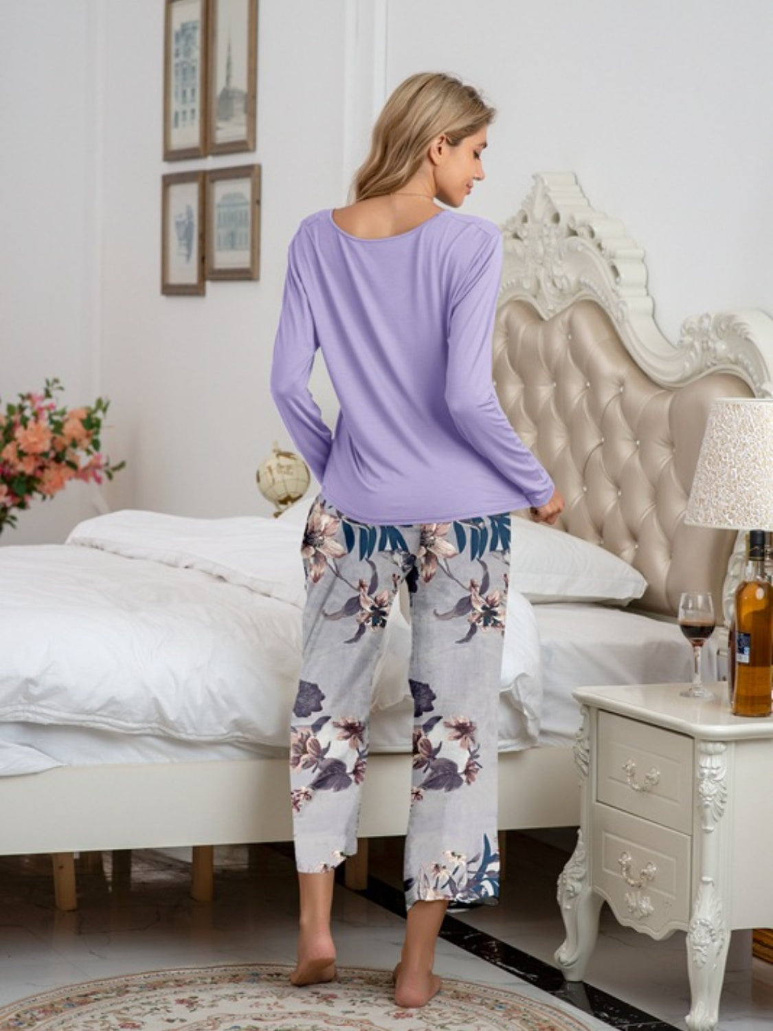 Round Neck Top and Printed Pants Lounge Set - The Boutie Shop