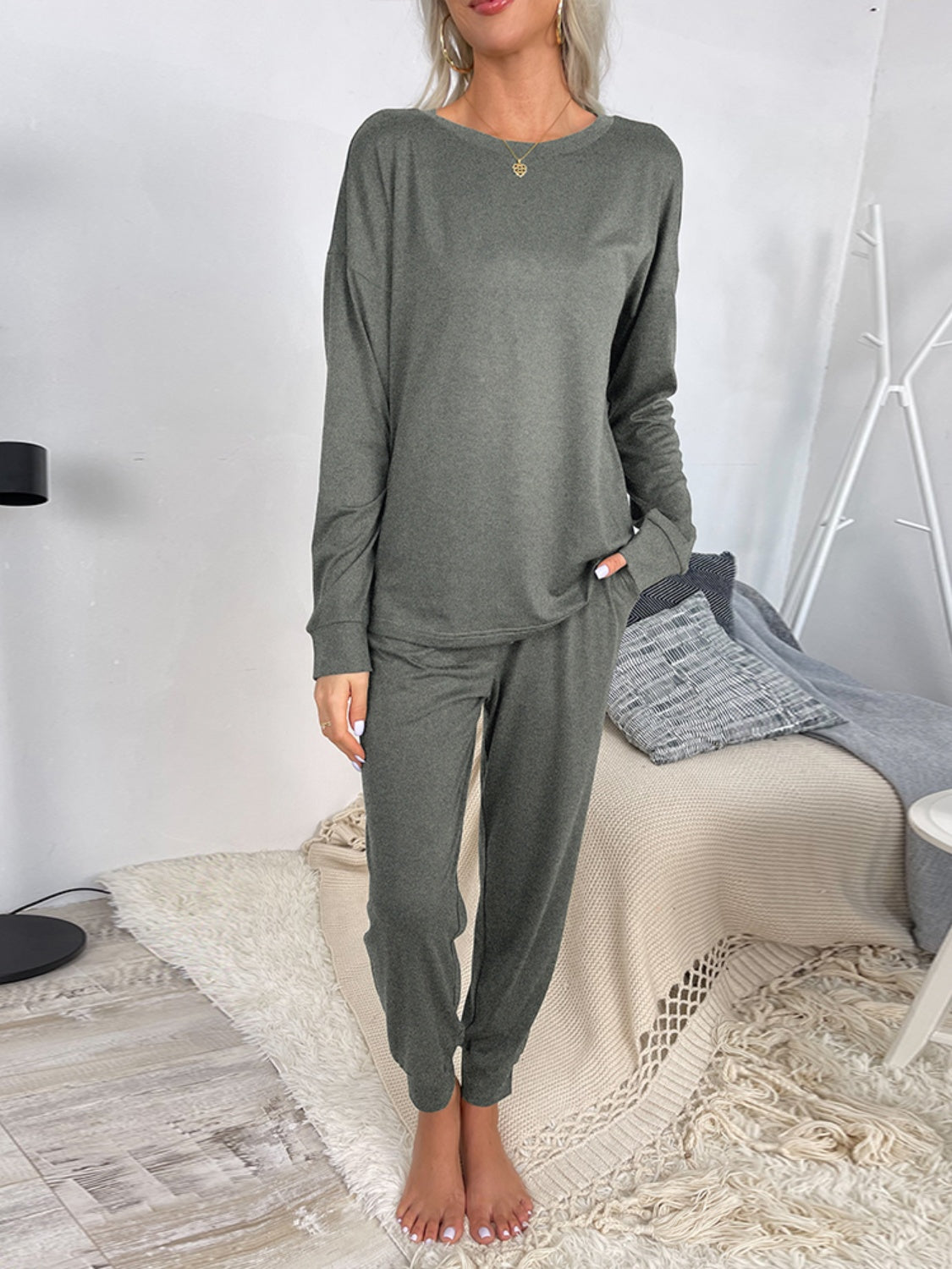 Shiny Round Neck Top and Drawstring Pants Lounge Set - The Boutie Shop