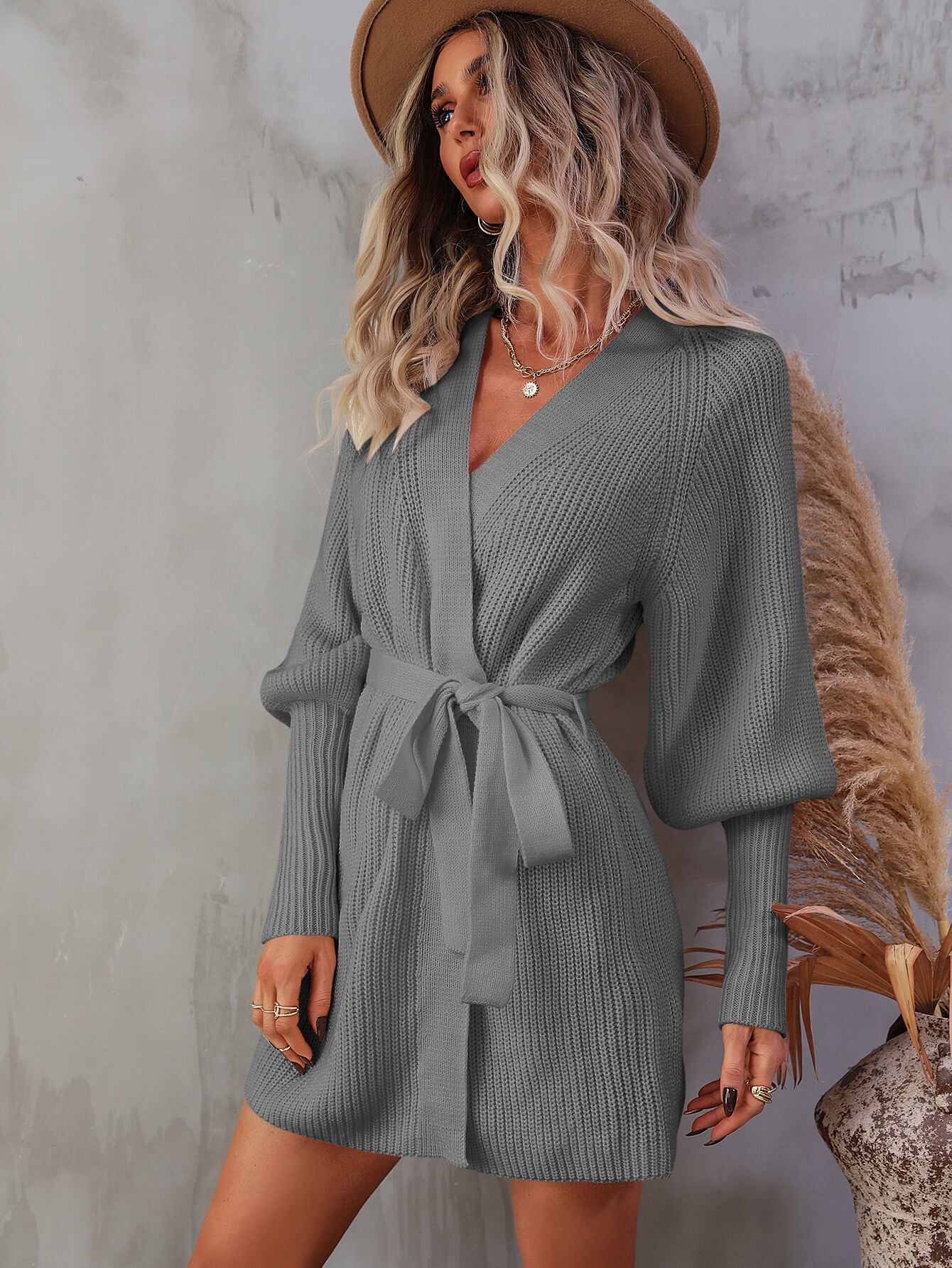 Belted Surplice Lantern Sleeve Wrap Sweater Dress - The Boutie Shop