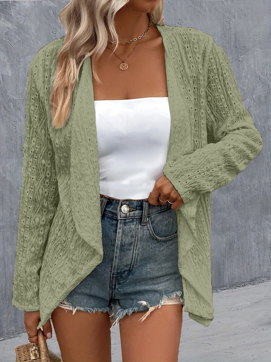 Eyelet Roll-Tab Sleeve Cardigan - The Boutie Shop