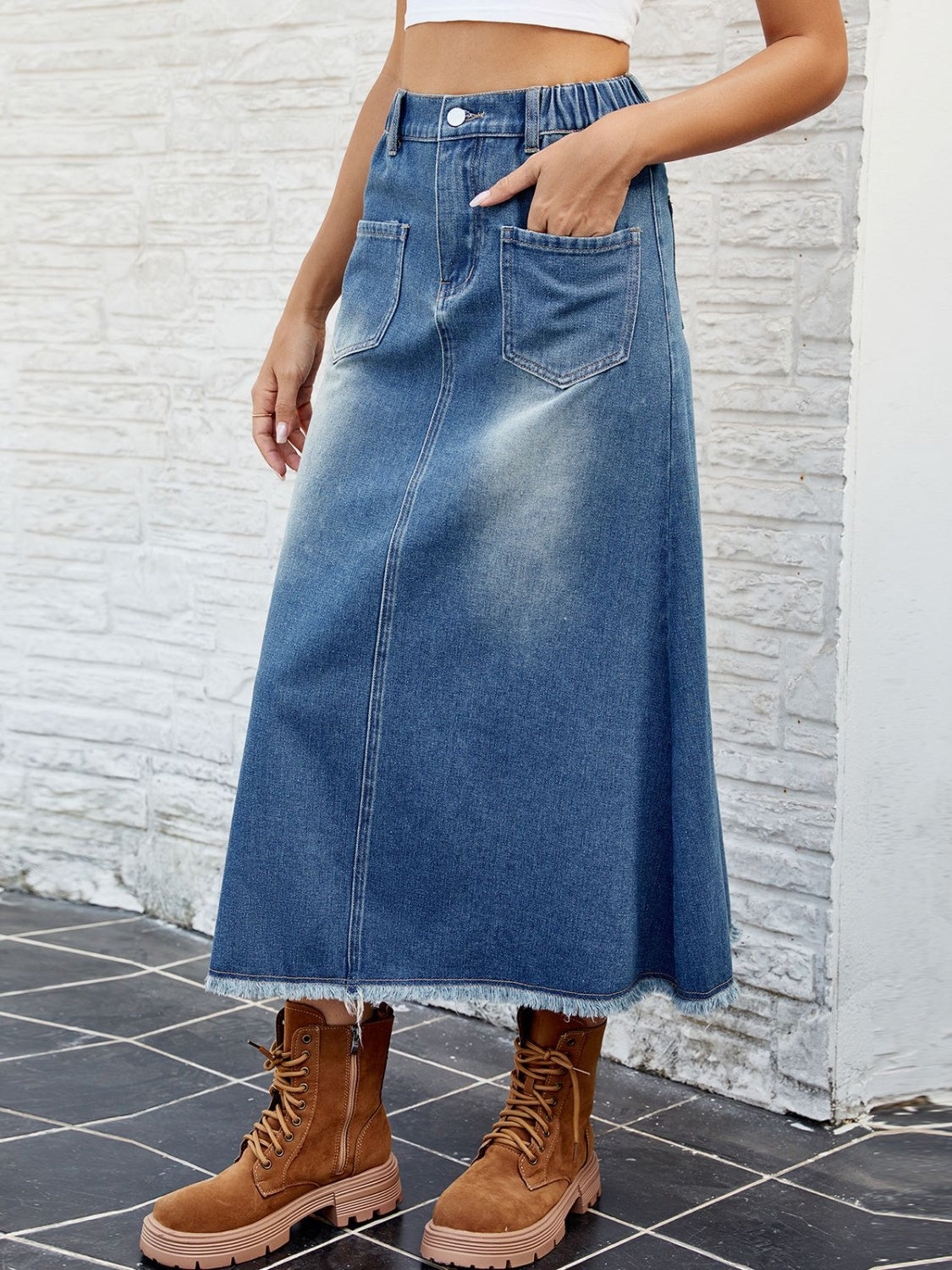 Raw Hem Buttoned Denim Skirt with Pockets - The Boutie Shop