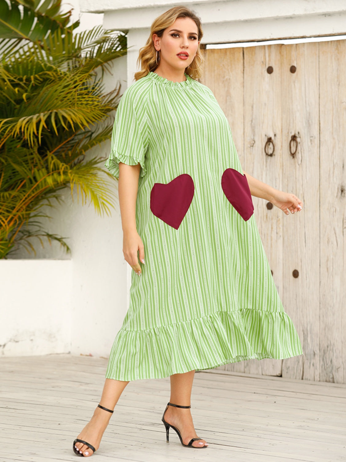 Plus Size Frill Heart Striped Half Sleeve Dress - The Boutie Shop