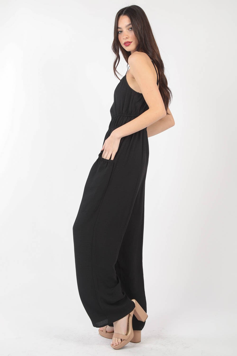 VERY J Pintuck Detail Woven Sleeveless Jumpsuit - The Boutie Shop