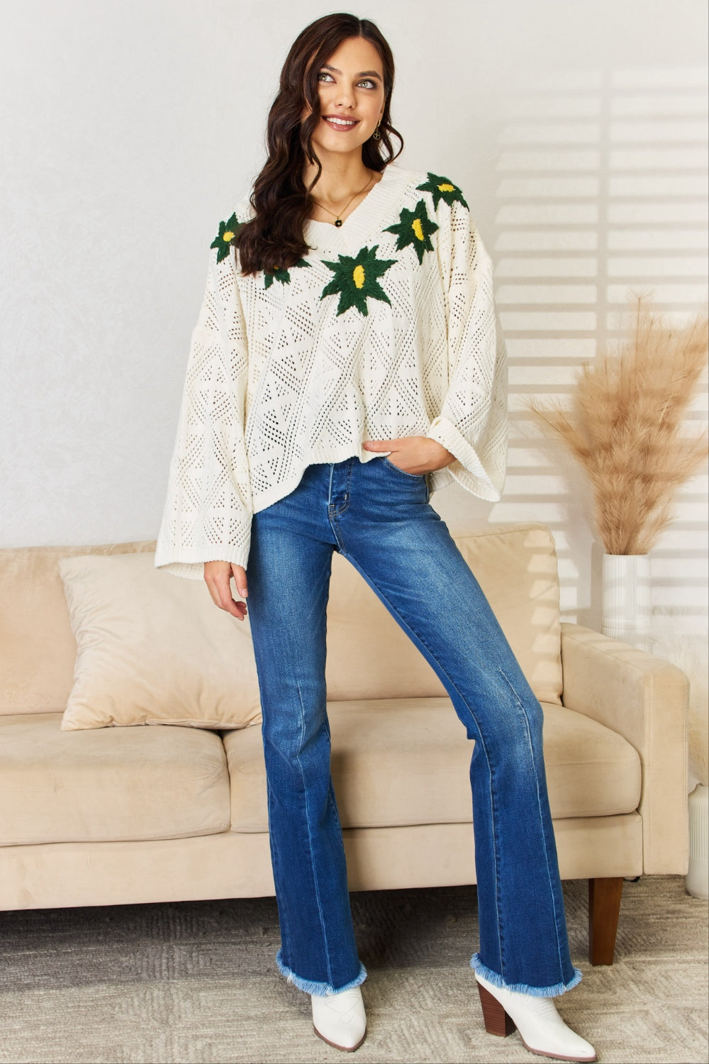 POL Floral Embroidered Pattern V-Neck Sweater - The Boutie Shop