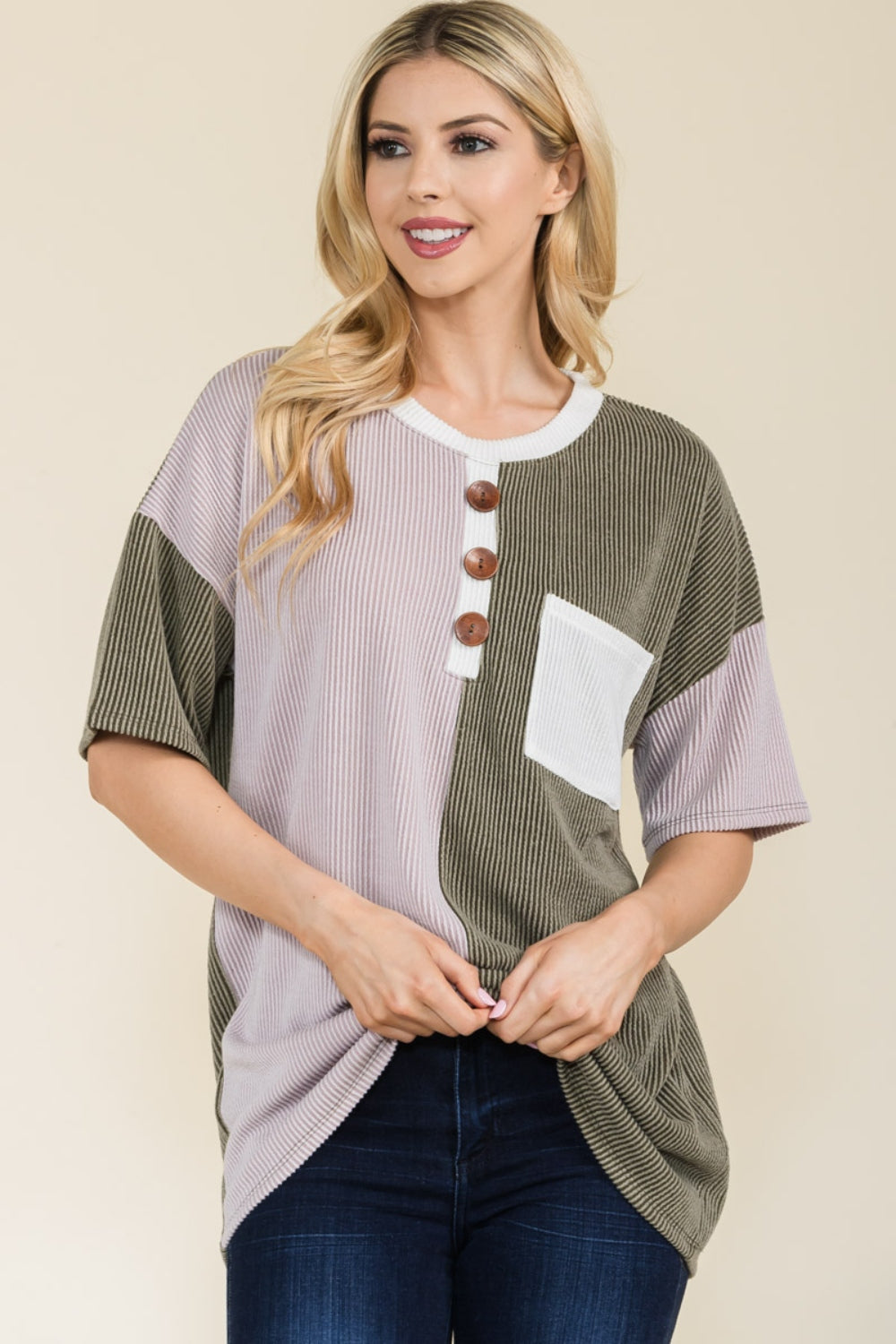 Celeste Full Size Ribbed Color Block Short Sleeve T-Shirt - The Boutie Shop