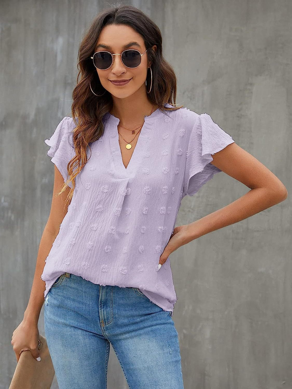 Swiss Dot Notched Cap Sleeve Blouse - The Boutie Shop