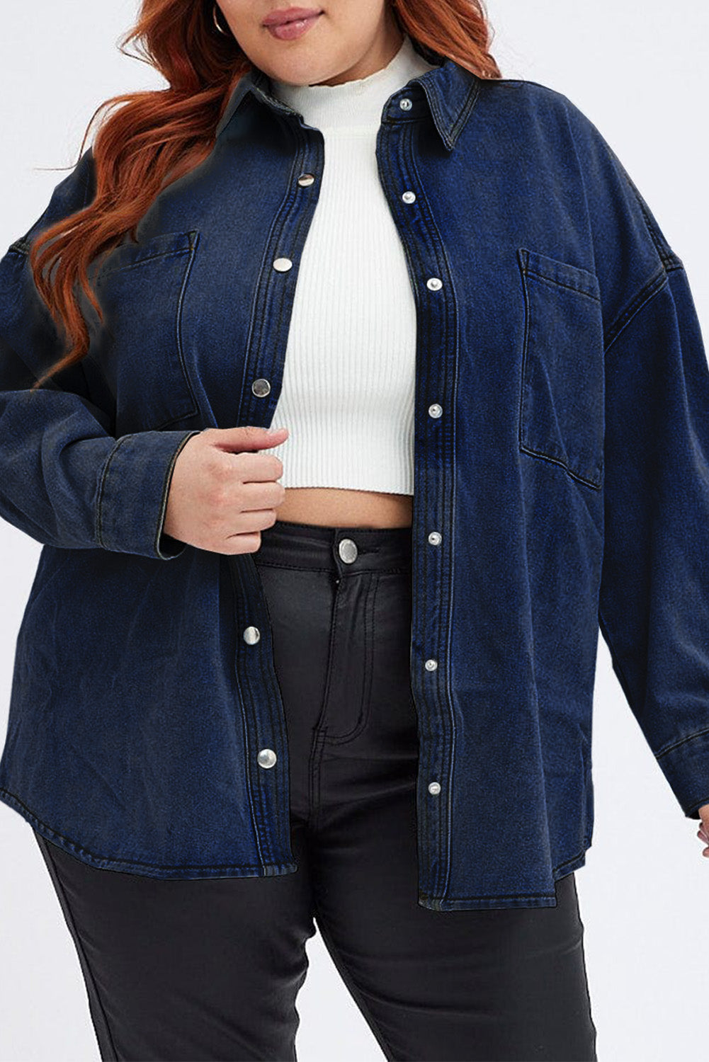 Plus Size Snap Down Pocketed Denim Jacket - The Boutie Shop