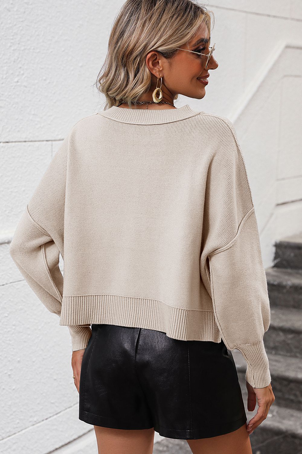 Round Neck Dropped Shoulder Pullover Sweater - The Boutie Shop