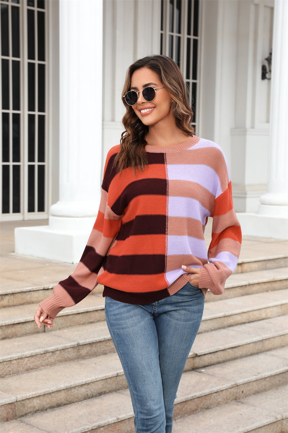 Angel Wings Round Neck Long Sleeve Color Block Dropped Shoulder Pullover Sweater - The Boutie Shop