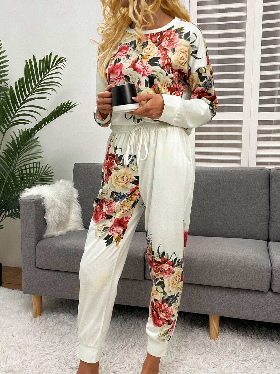 Shiny Printed Round Neck Top and Pants Lounge Set - The Boutie Shop