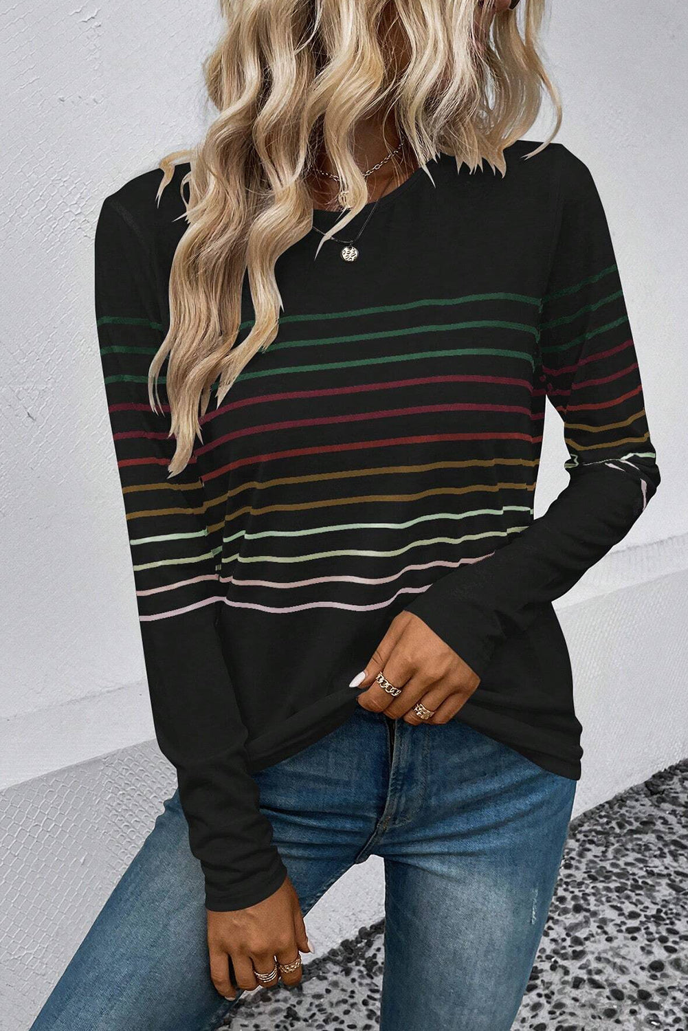 Striped Round Neck Long Sleeve T-Shirt - The Boutie Shop