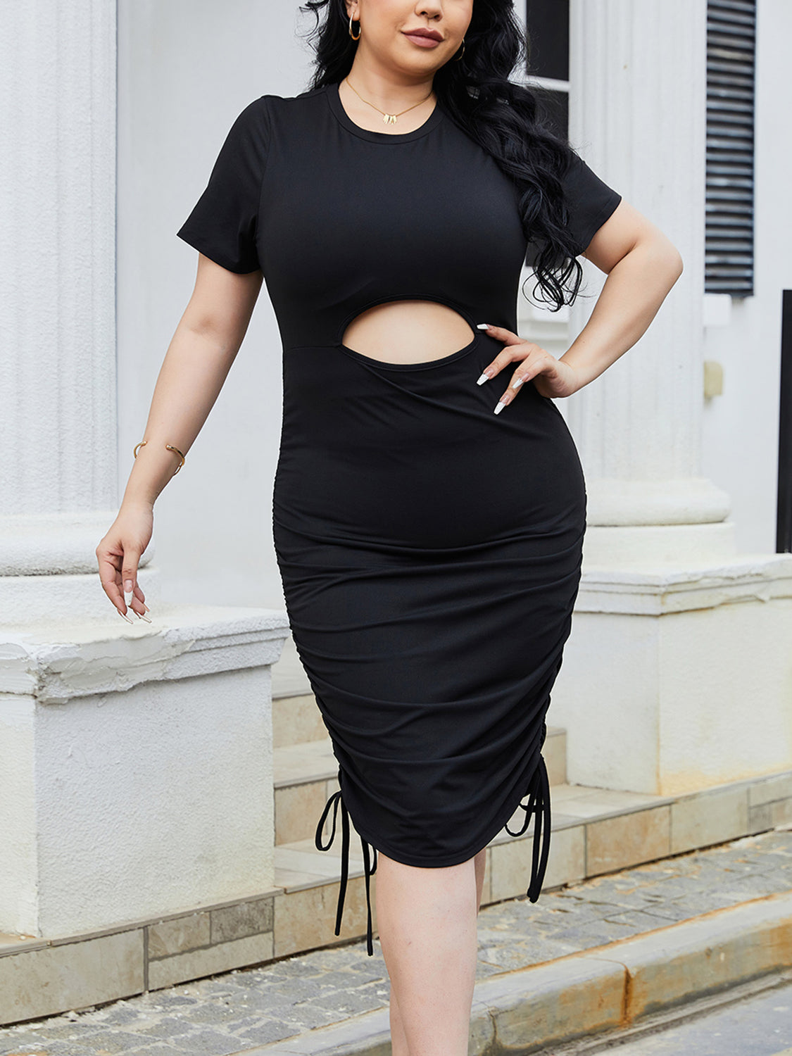 Plus Size Cutout Ruched Round Neck Short Sleeve Dress - The Boutie Shop