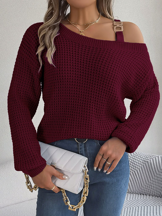 Asymmetrical Neck Long Sleeve Sweater - The Boutie Shop