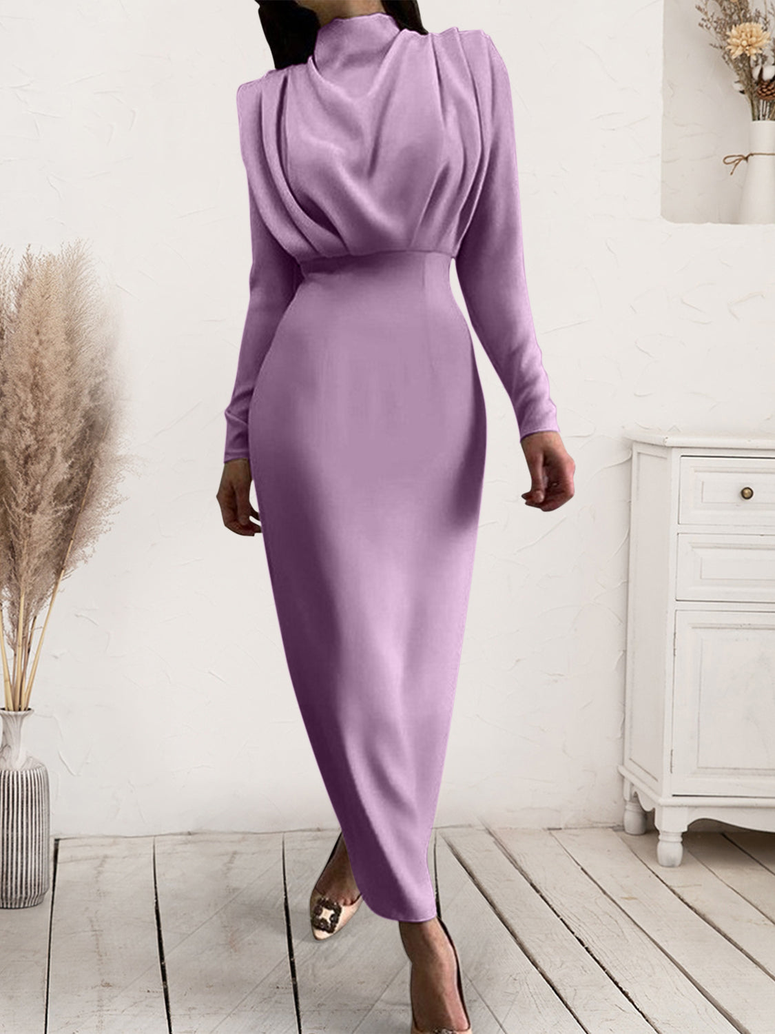 Ruched Turtleneck Long Sleeve Dress - The Boutie Shop