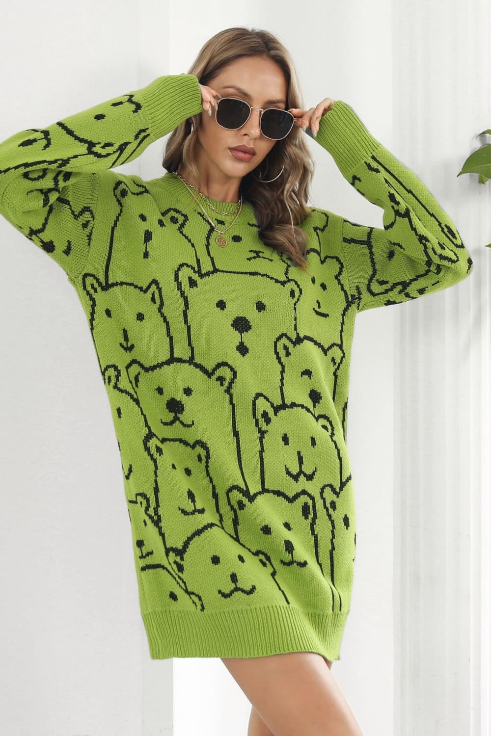 Bear Pattern Round Neck Sweater Dress - The Boutie Shop