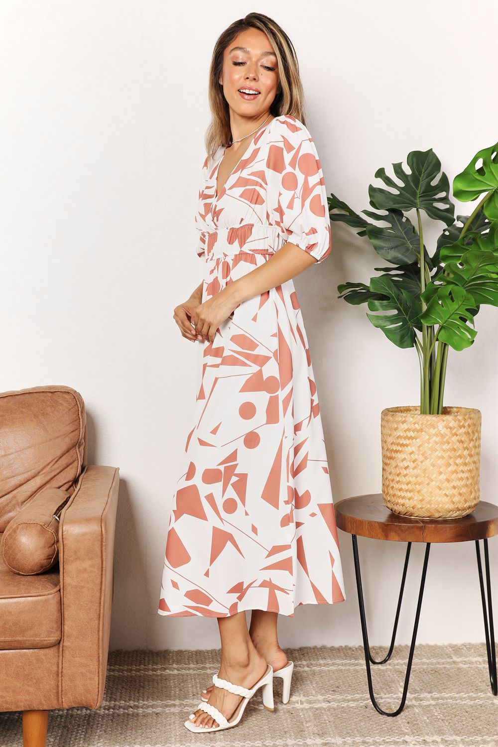 Printed Surplice Balloon Sleeve Dress - The Boutie Shop