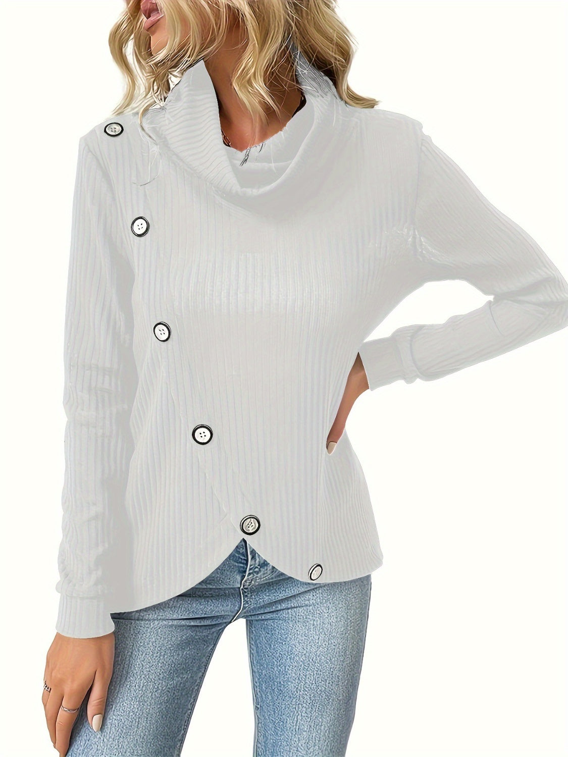 Decorative Button Turtleneck Long Sleeve T-Shirt - The Boutie Shop