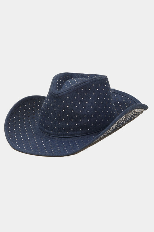 Fame Rhinestone Wide Brim Denim Hat - The Boutie Shop