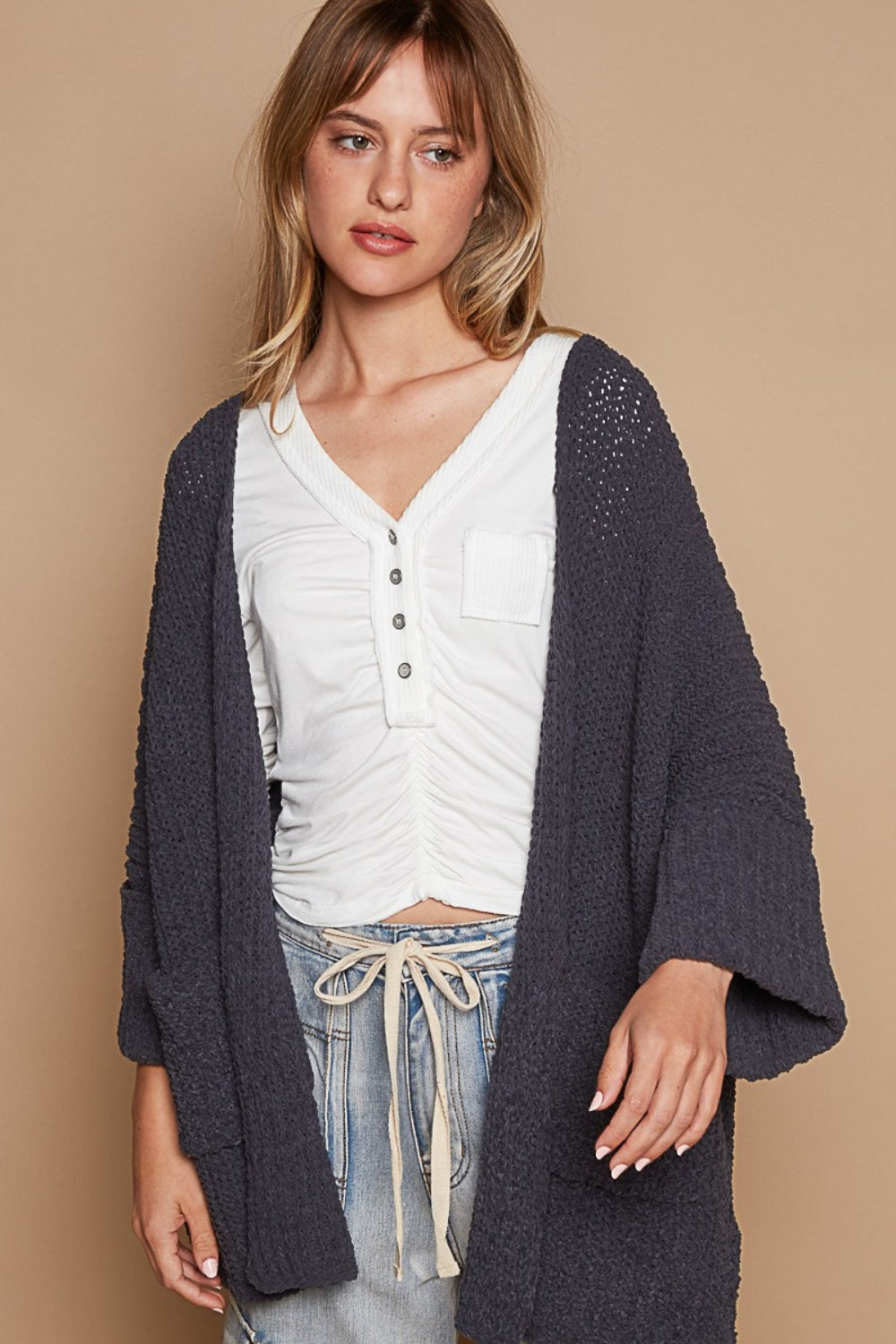 POL Open Front Sweater Cardigan with Pockets - The Boutie Shop