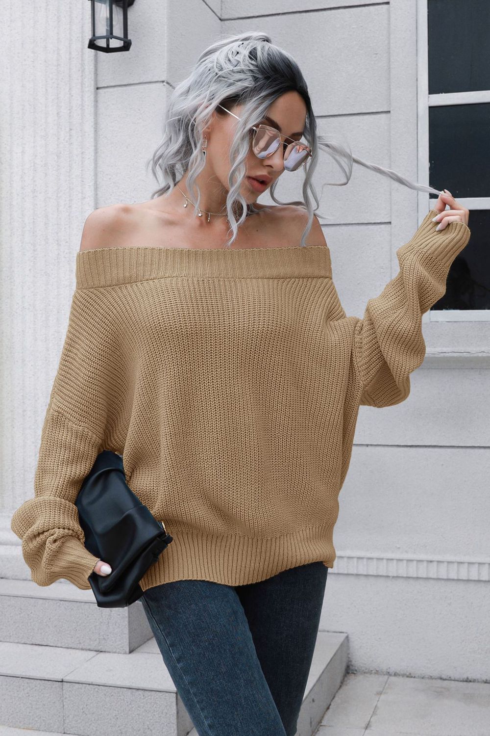 Off-Shoulder Ribbed Long Sleeve Pullover Sweater - The Boutie Shop