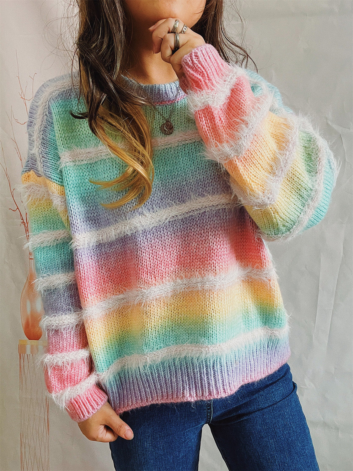 Striped Round Neck Long Sleeve Sweater - The Boutie Shop