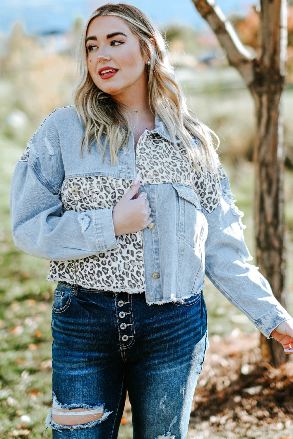 Plus Size Leopard Raw Hem Distressed Spliced Denim Jacket - The Boutie Shop