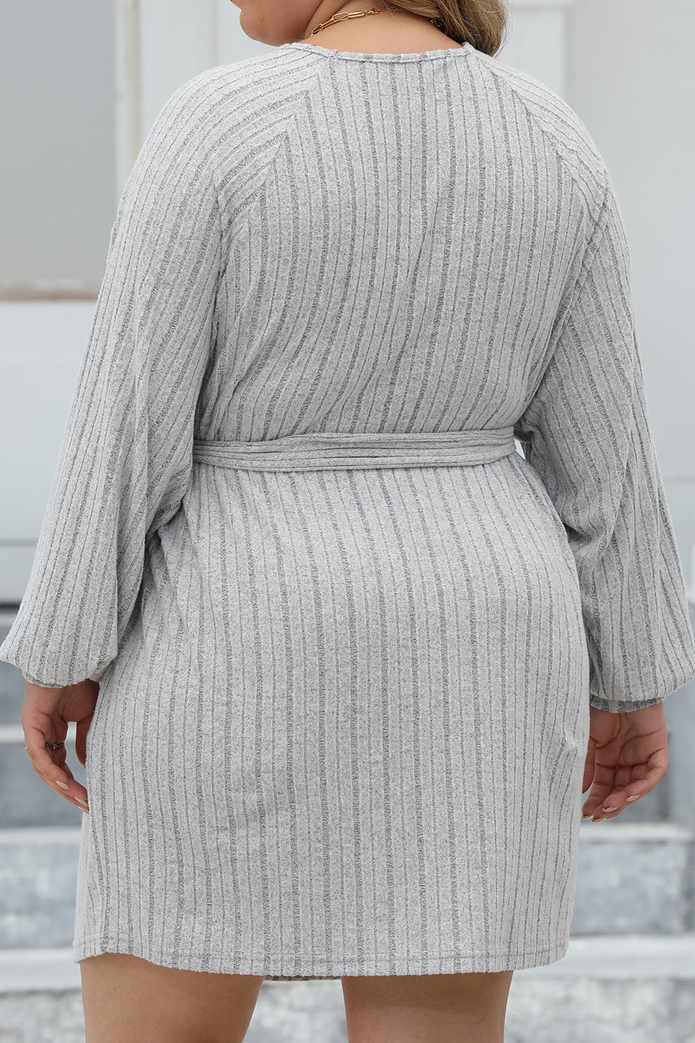 Plus Size Ribbed Tie Front Long Sleeve Sweater Dress - The Boutie Shop