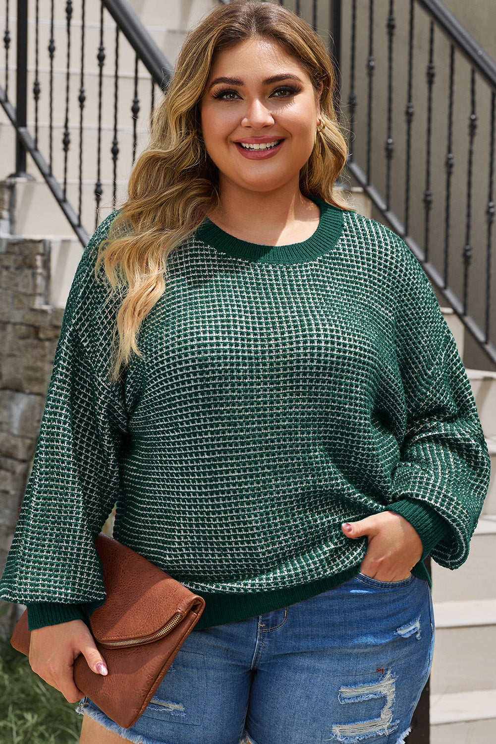 Plus Size Waffle-Knit Round Neck Dropped Shoulder Sweater - The Boutie Shop