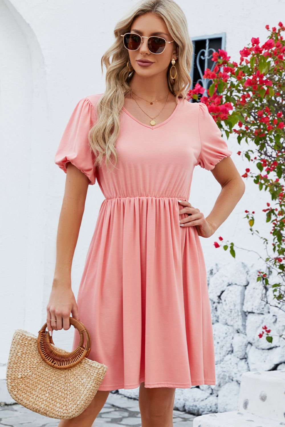 V-Neck Balloon Short Sleeve Dress - The Boutie Shop