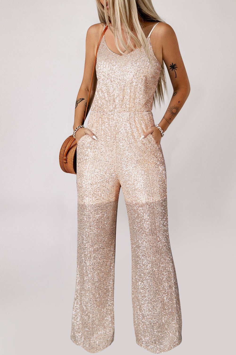 Sequin Spaghetti Strap Wide Leg Jumpsuit - The Boutie Shop