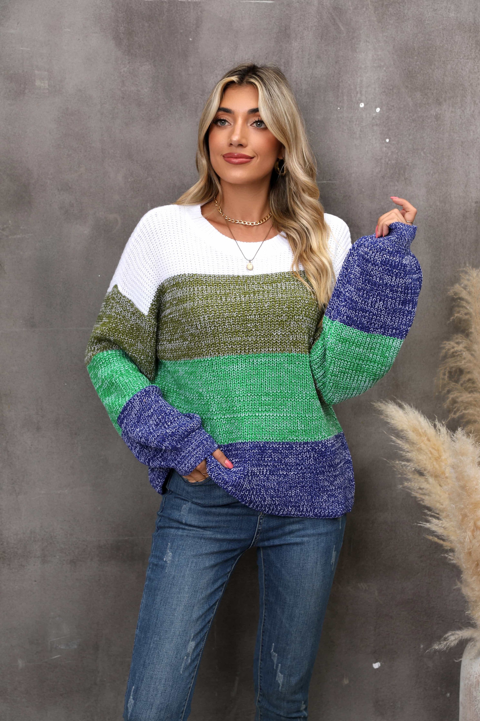 Angel Wings Color Block Round Neck Dropped Shoulder Sweater - The Boutie Shop