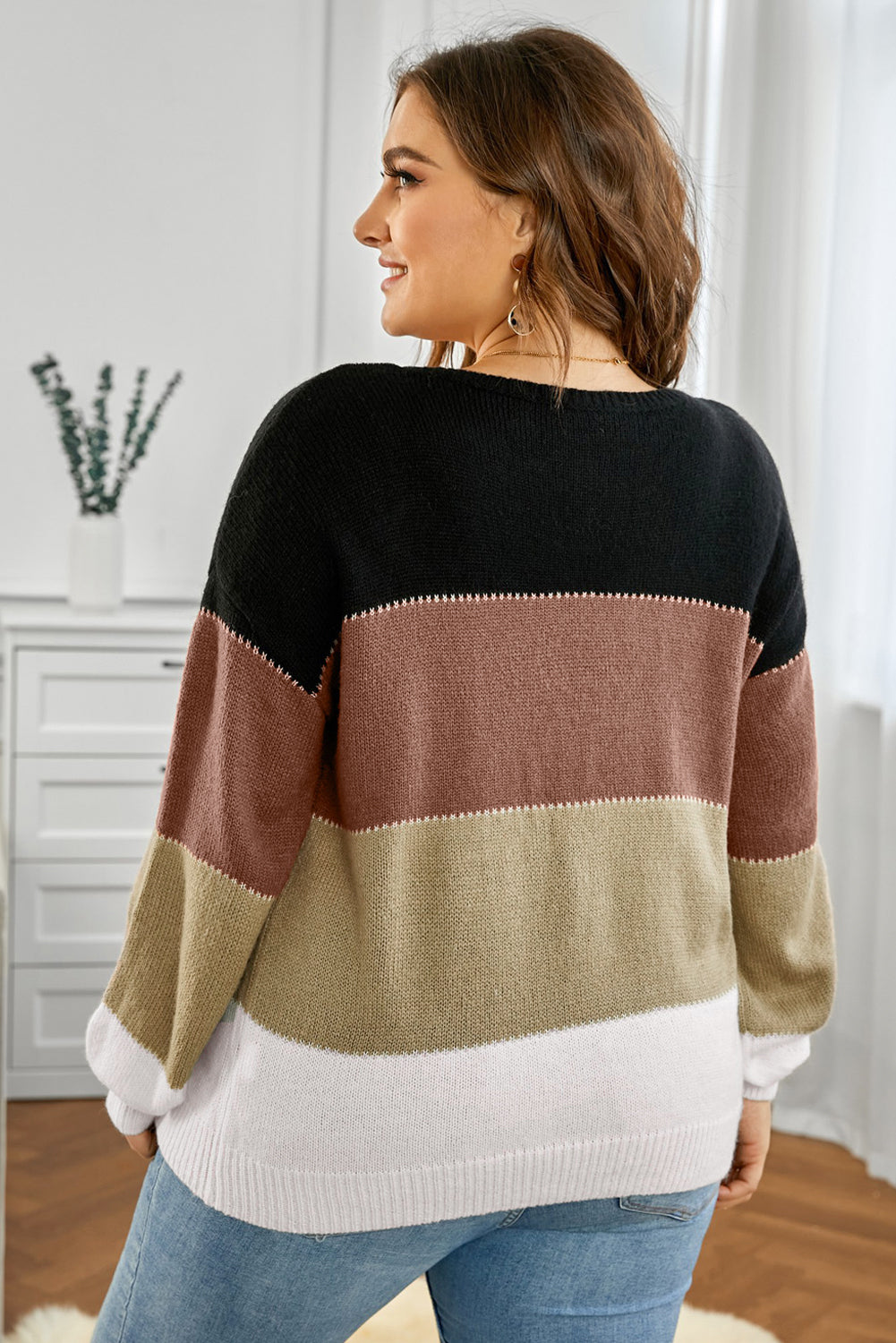 Plus Size Color Block Round Neck Sweater - The Boutie Shop