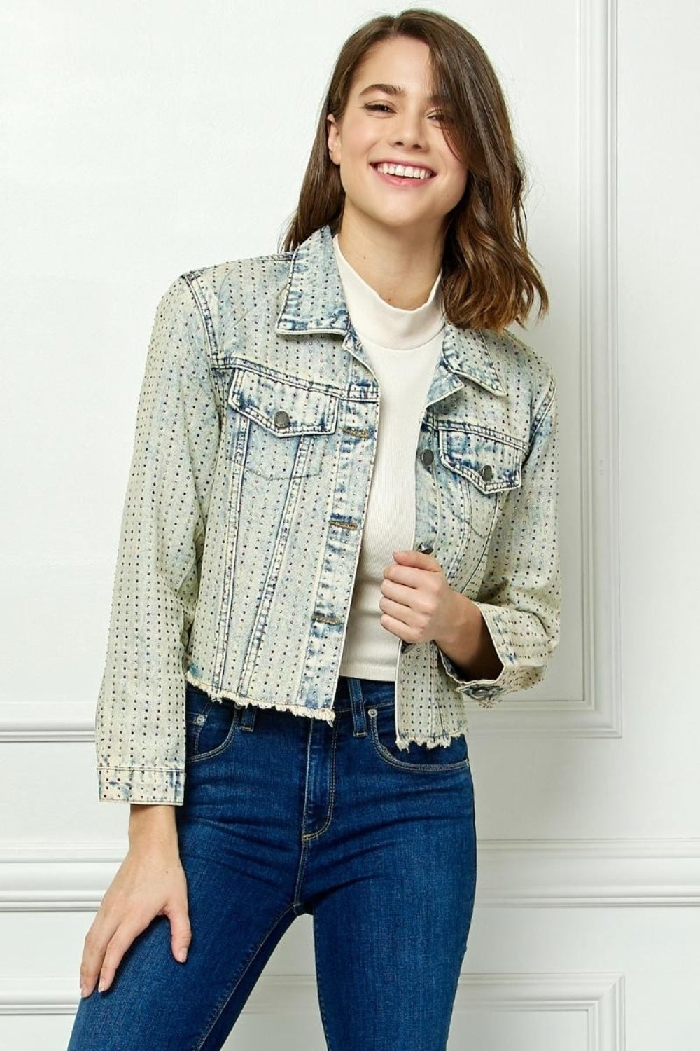 Veveret Multi Color Stripe Rhinestone Raw Hem Denim Jacket - The Boutie Shop