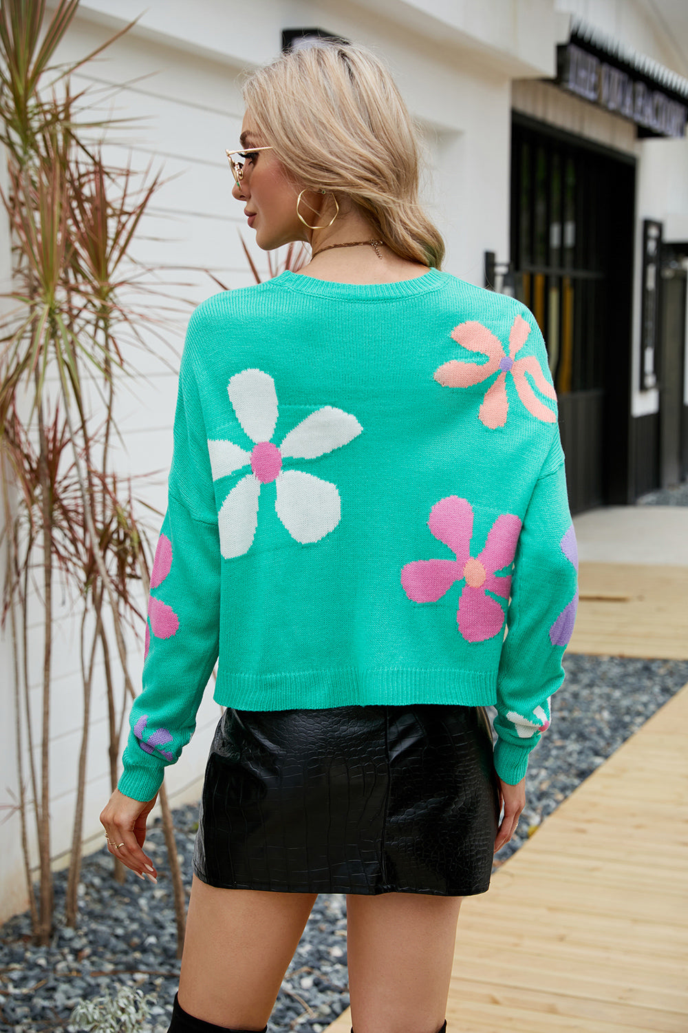 Flower Round Neck Drop Shoulder Sweater - The Boutie Shop