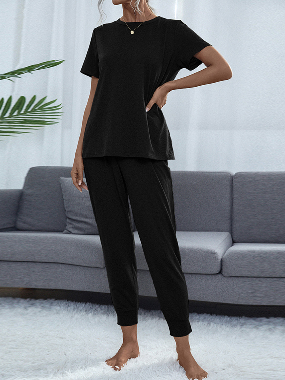 Shiny Round Neck Short Sleeve Top and Pants Set - The Boutie Shop