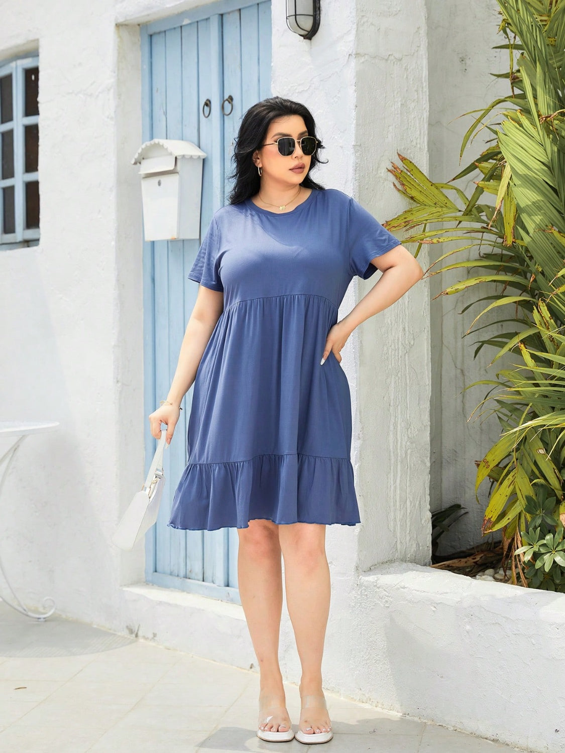 Plus Size Round Neck Short Sleeve Dress - The Boutie Shop