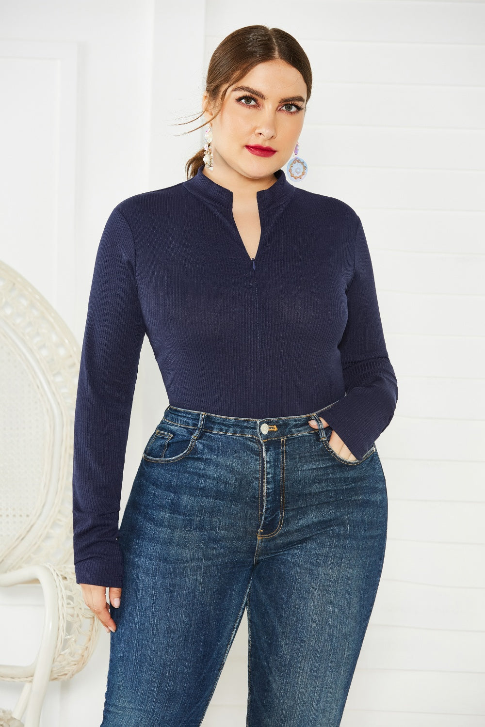 Plus Size Zip Up Long Sleeve Bodysuit - The Boutie Shop