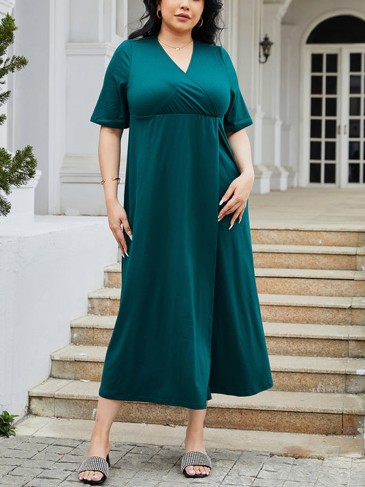 Plus Size Slit Surplice Short Sleeve Midi Dress - The Boutie Shop