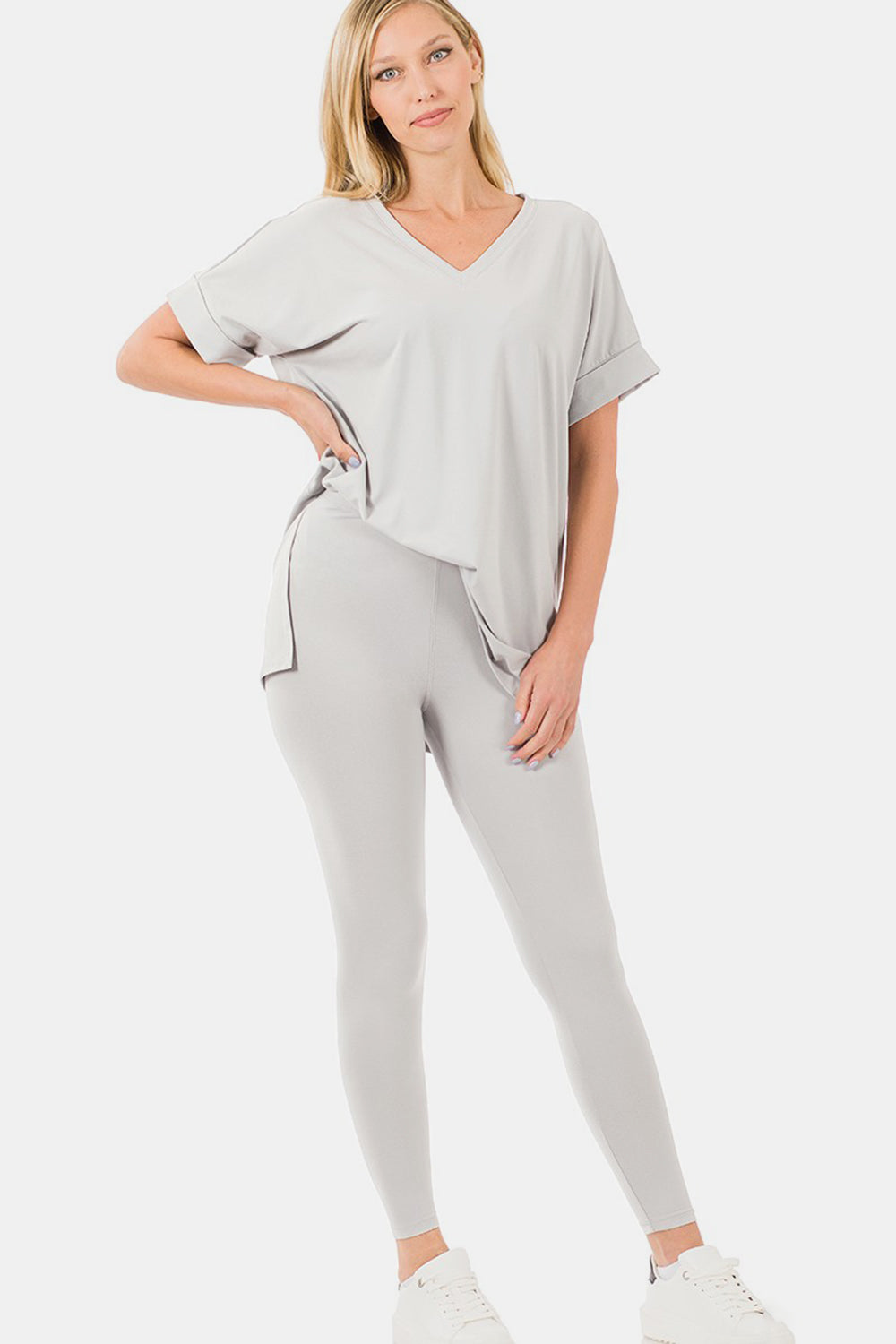 Zenana V-Neck Rolled Short Sleeve T-Shirt and Leggings Lounge Set - The Boutie Shop