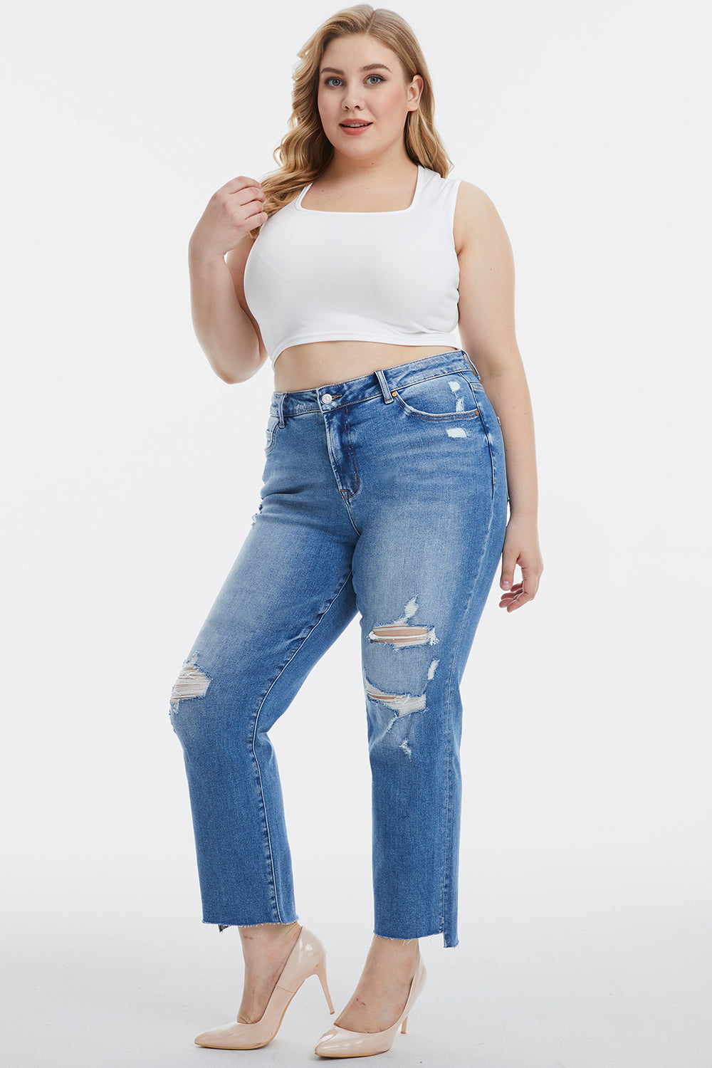 BAYEAS Full Size Mid Waist Distressed Ripped Straight Jeans - The Boutie Shop