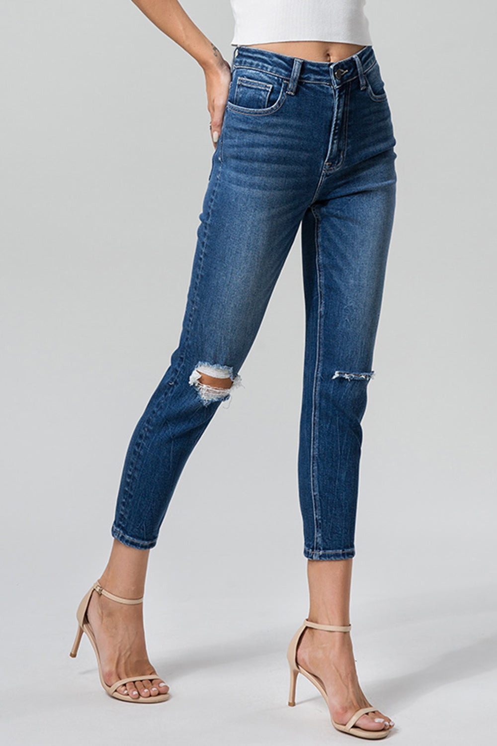 BAYEAS Full Size High Waist Distressed Washed Cropped Mom Jeans - The Boutie Shop