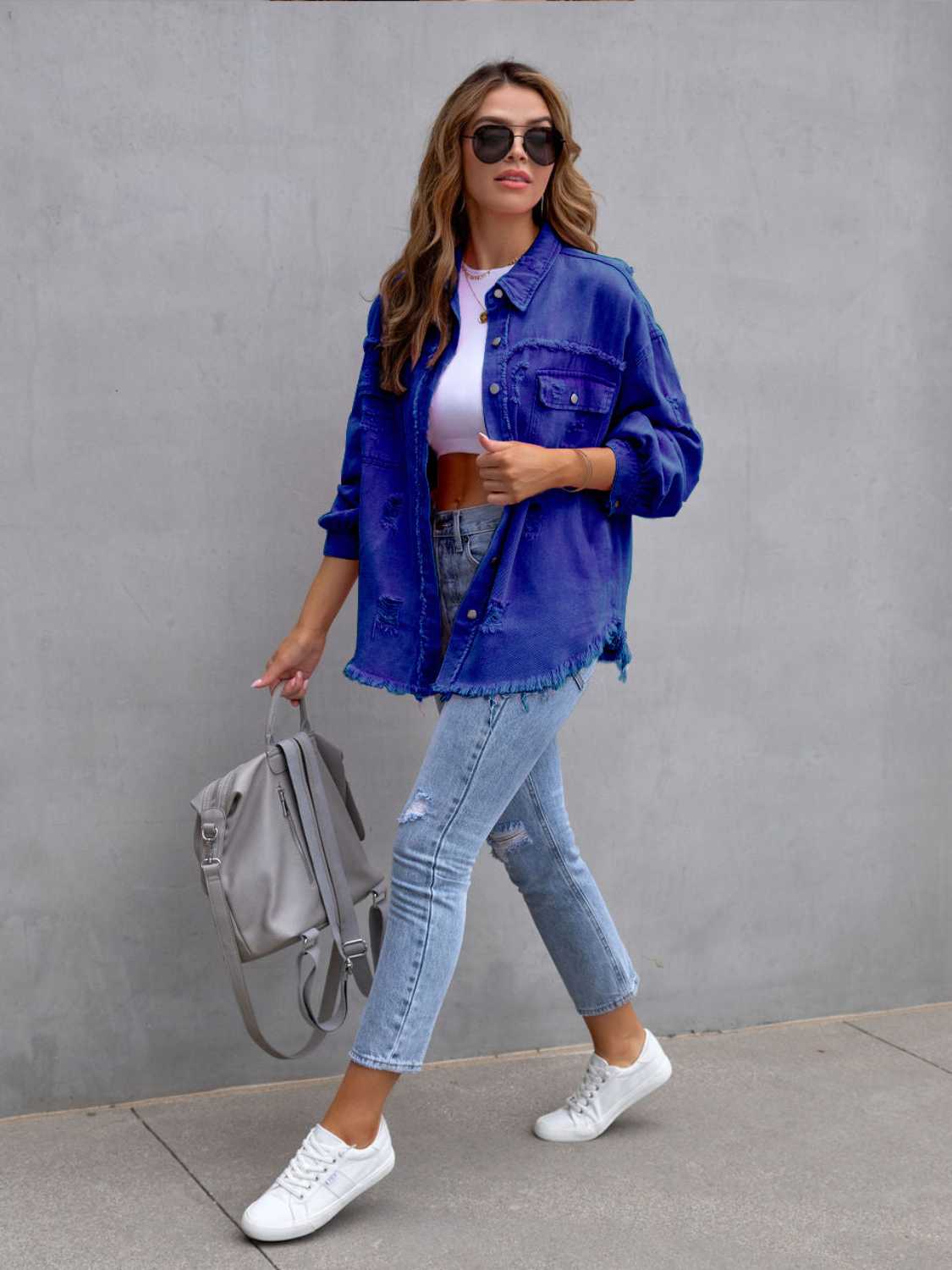 Distressed Drop Shoulder Denim Jacket - The Boutie Shop