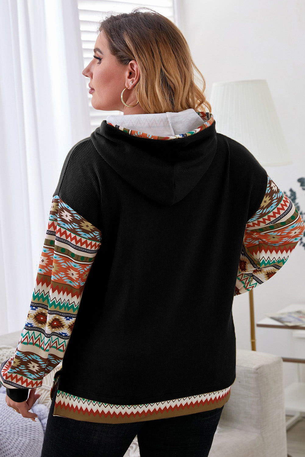 Plus Size Waffle-Knit Geometric Dropped Shoulder Hoodie - The Boutie Shop