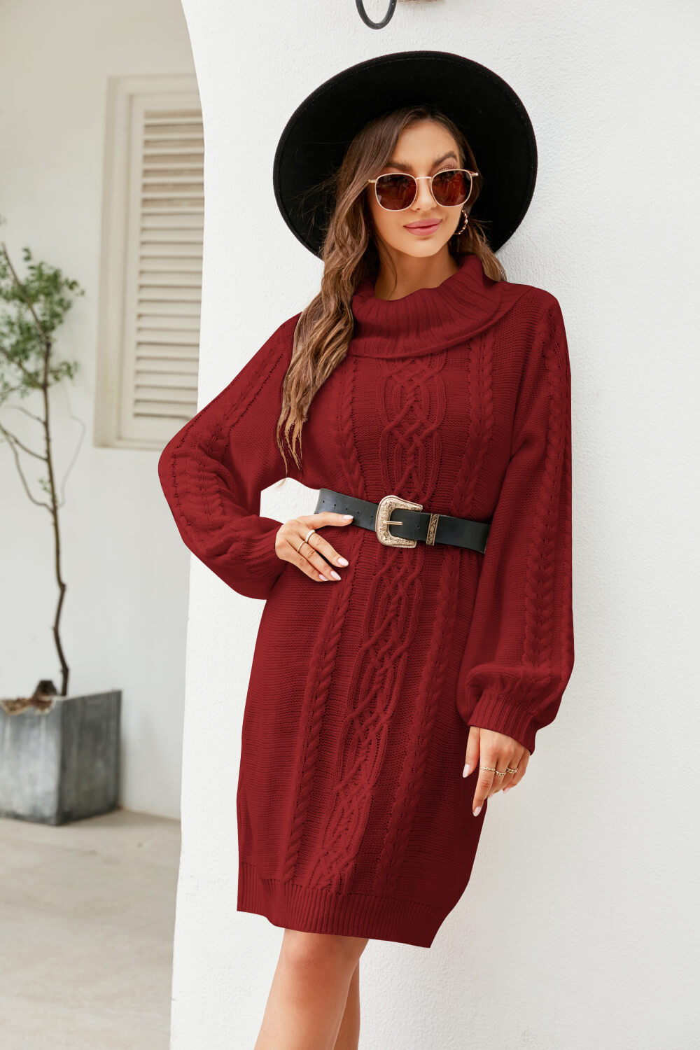 Woven Right Mixed Knit Turtleneck Lantern Sleeve Sweater Dress - The Boutie Shop